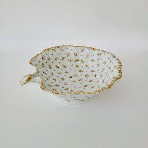 Vienna Porcelain Chintz Floral Bowl, Leaf Shaped, Quilted Pattern, Gold Trim